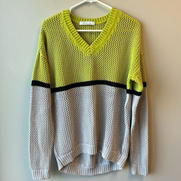 Kokun sweater green and grey medium cotton vneck - Picture 1 of 7